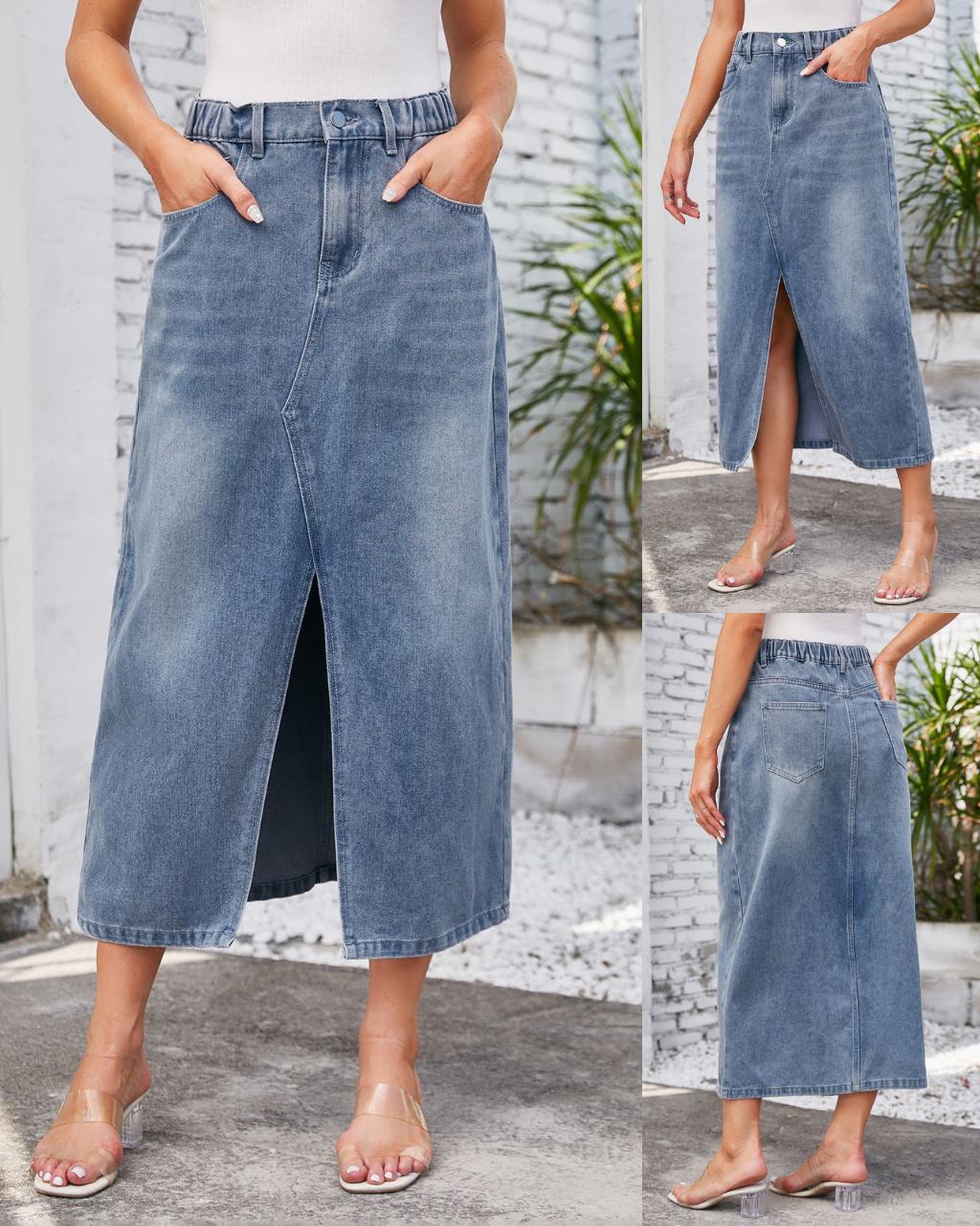 ELASTIC WAIST DENIM MIDI SKIRT