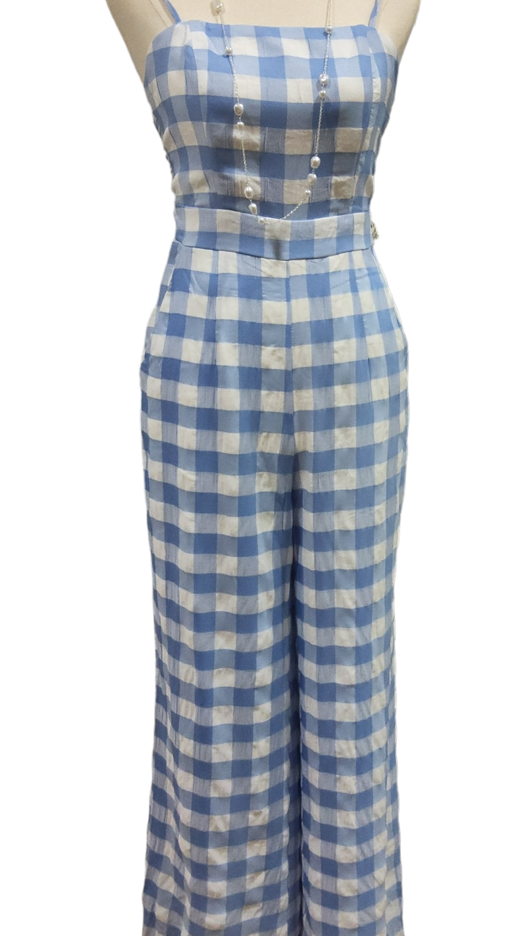 Blue and white checkered jumpsuit online