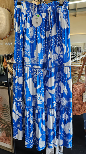 BLUE & WHITE ABSTRACT PRINT MAXI SKIRT