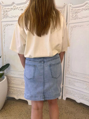 PATCH STRETCH DENIM MINI SKIRT