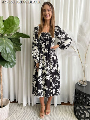 MIA SHIRRED LONG SLEEVE MIDI DRESS