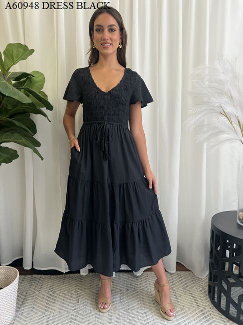 EBONY SHIRRED BODICE LINEN MAXI