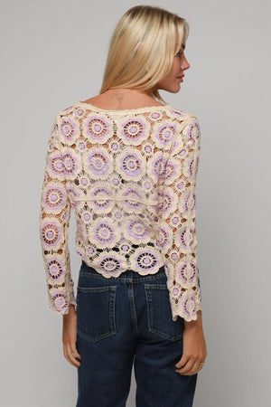 CROPPED LONG SLEEVE TOP PURPLE AND CREAM FLOWERS