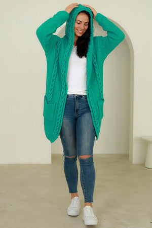 CABLE KNIT HOODED CARDIGAN