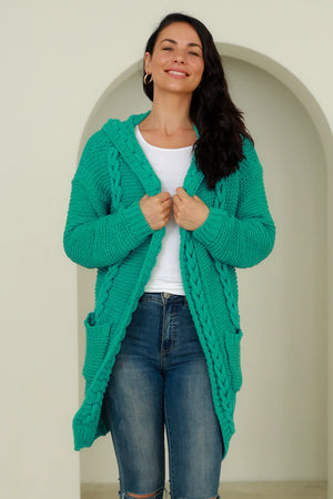 CABLE KNIT HOODED CARDIGAN