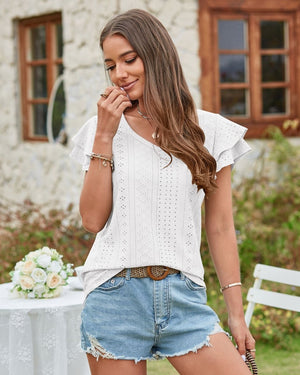 EYELET LACE V NECK TOP