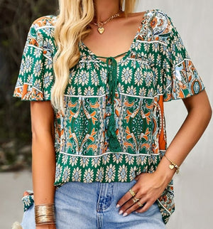 PAISLEY PRINT SHORT SLEEVE TOP