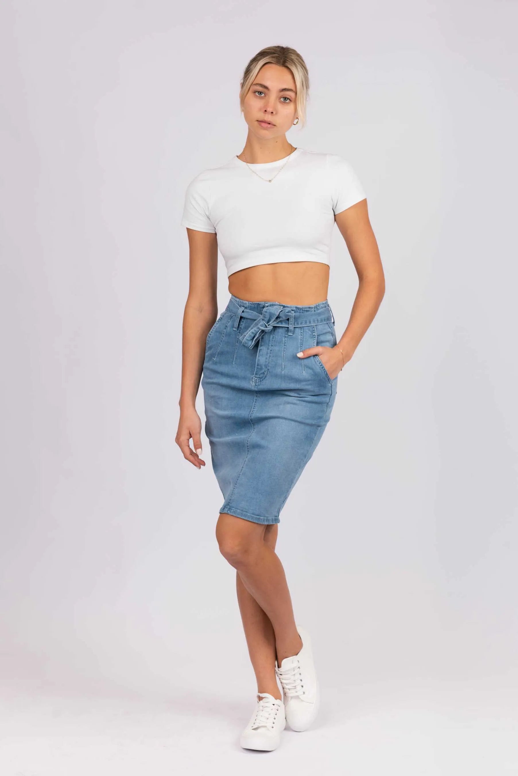 DENIM MIDI SKIRT W BELT