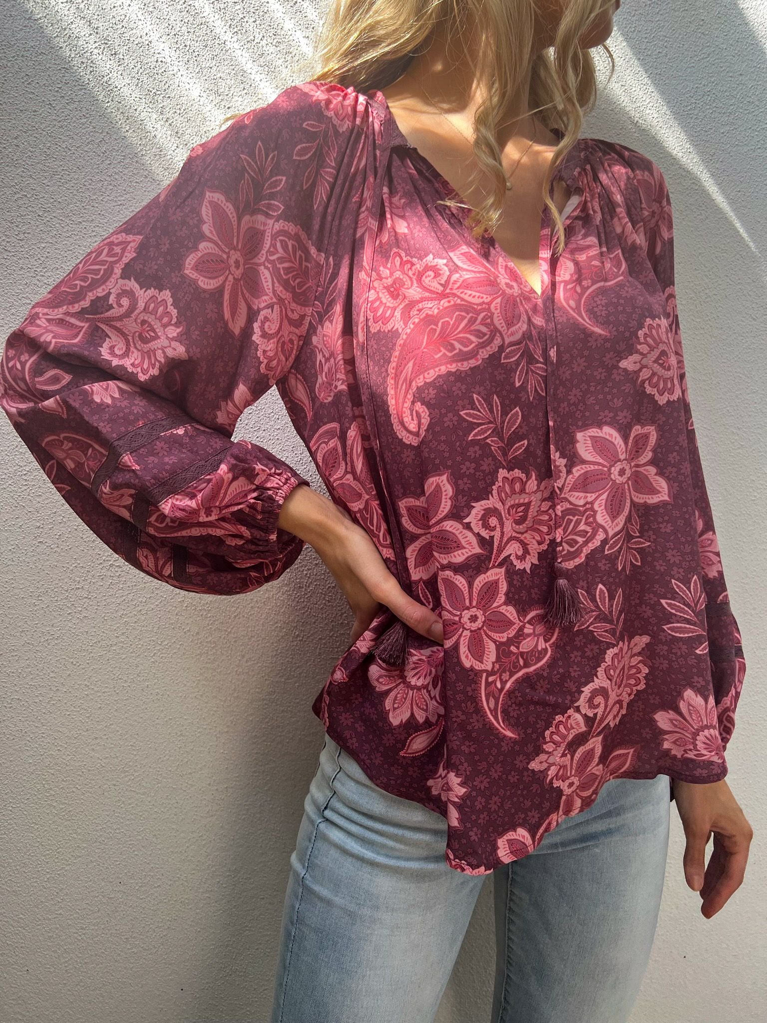 RAVEN LONG SLEEVE BLOUSE - MALBEC PRINT