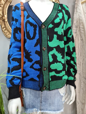 LOVE NOTES LEOPARD CARDI BLUE/GREEN