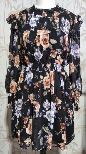 MF FLORAL SHIRRED DRESS - BLACK