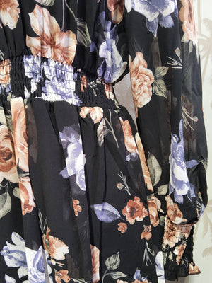 MF FLORAL SHIRRED DRESS - BLACK