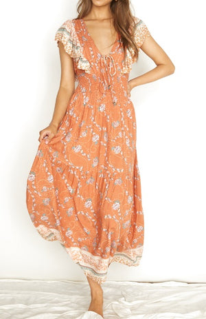 INDI LACE UP FRONT FLORAL MAXI DRESS