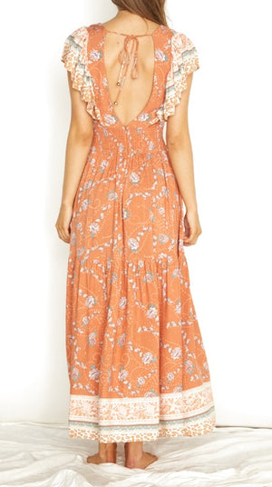 INDI LACE UP FRONT FLORAL MAXI DRESS