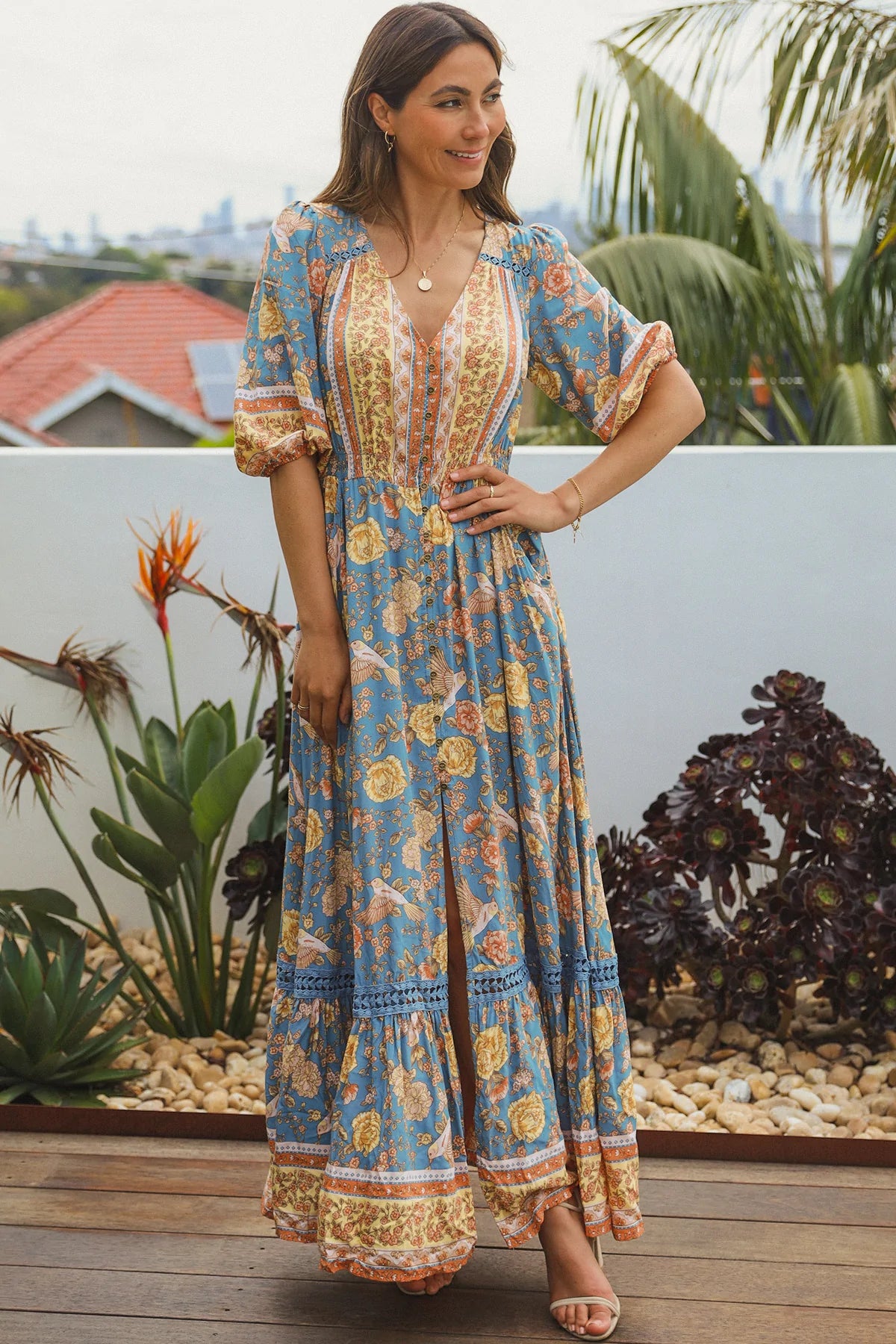 SOPHIA 1/2 SLEEVE BOHO MAXI DRESS WITH LACE